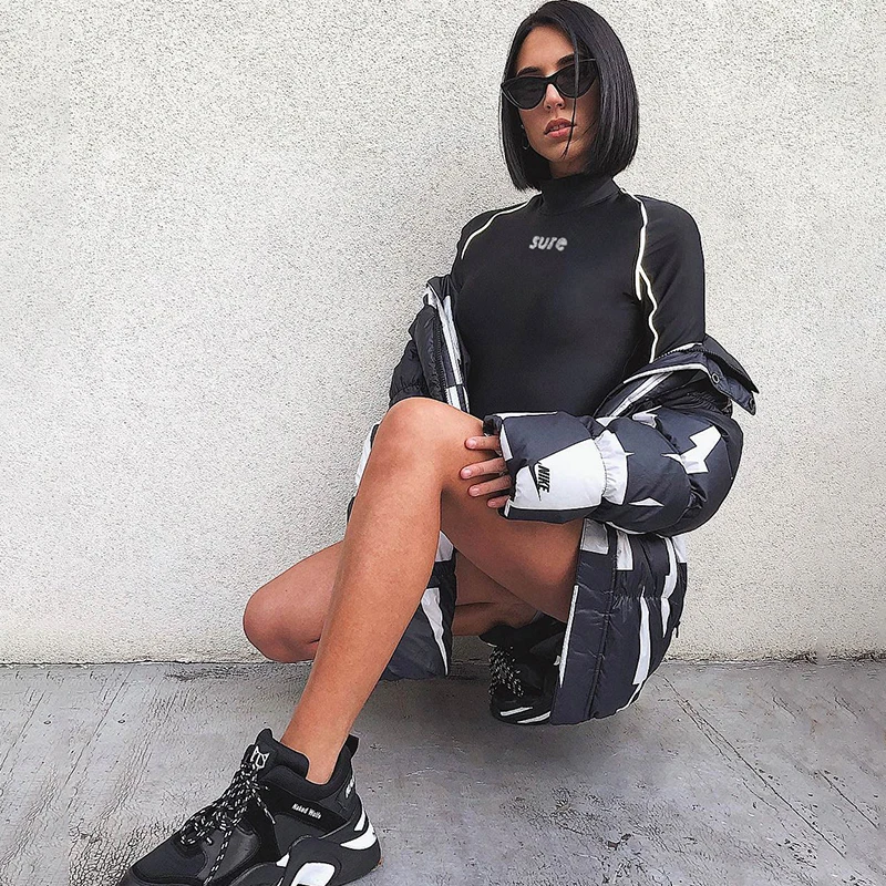 Weekeep Patchwork Letter Reflective Long Sleeve Bodysuit Bodycon Turtleneck Spring Autumn Rompers Womens Jumpsuits Streetwear