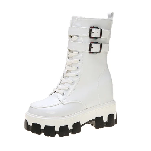 Ботинки в стиле панк; женские кроссовки из лакированной кожи на платформе; сезон осень; ботинки до середины икры на танкетке 10 см; теплые зимние ботинки в байкерском стиле - Цвет: White