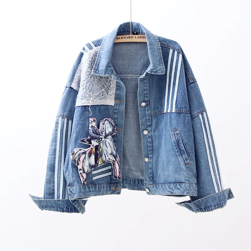 

2019 spring and autumn new handmade beaded diamond sequin embroidery loose denim jacket