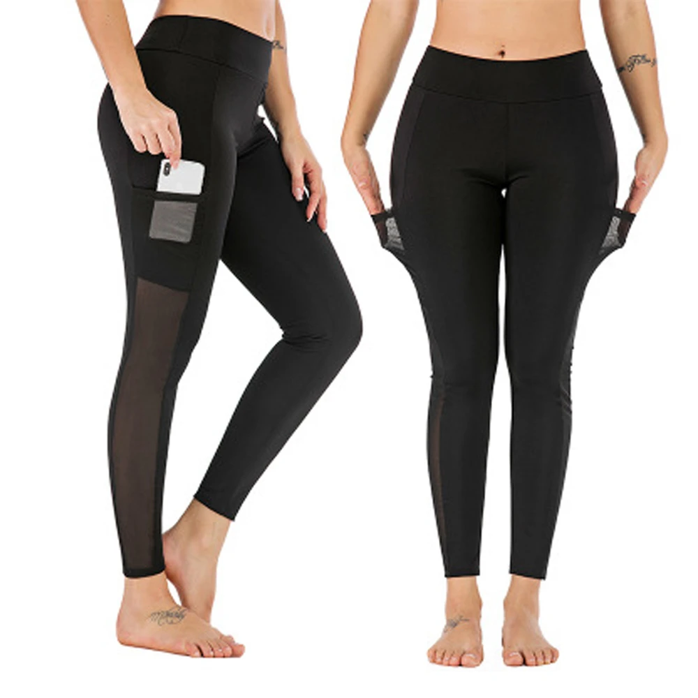 

2019 new mesh side pocket can hold mobile phone leisure tight height waist exercise leggings polyester speed dry yoga pants