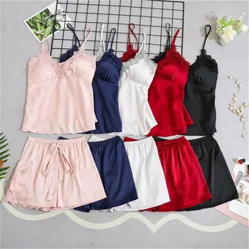 

Sexy suspenders pajamas set women's summer sexy ice silk two-piece set with chest pads fashion home service pijama feminino
