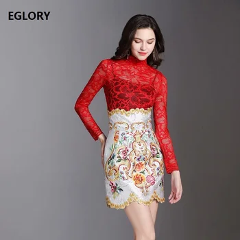 

Women's Set 2019 Autumn Winter Two Piece Suit Women Turtleneck Red Lace Tops+Vintage Jacquard Print Mini Sexy Club Skirt Sets