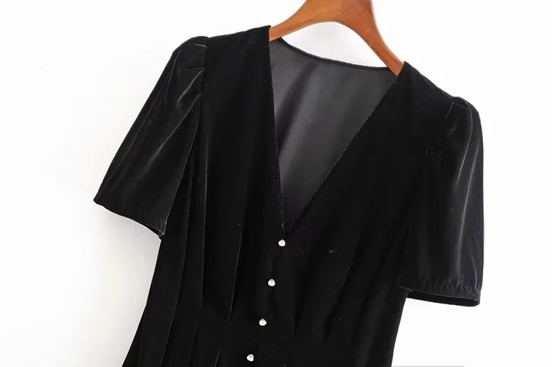 Осень, Сексуальное мини платье для вечеринки, женское винтажное бархатное платье на пуговицах с коротким рукавом, шикарное элегантное черное платье, Корейская одежда