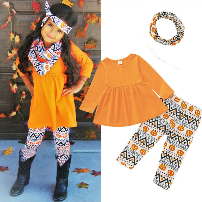 

3PCS Toddler Kids Baby Girl Halloween Clothes Long Sleeve Tops High Waist Solid Dress Pumpkin Pants Outfits Set