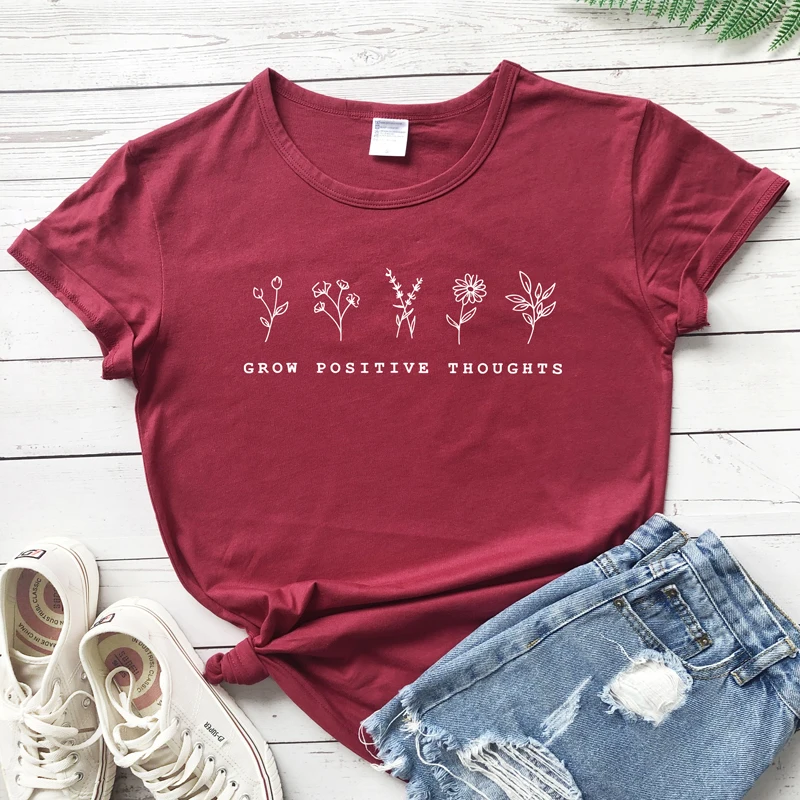 Футболка с надписью «Grow положительные идеи» винтажная женская футболка с цветочным принтом летняя вдохновленная футболка в стиле бохо - Цвет: burgundy-white text