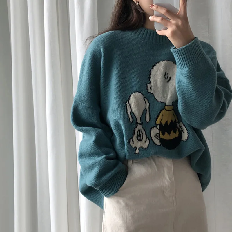 

2019 Korean Sweater Women Autumn Winter Sweater Knitted Pullover Jersey Cartoon Jumper Vintage Pull Femme Plus Size Sueter Mujer