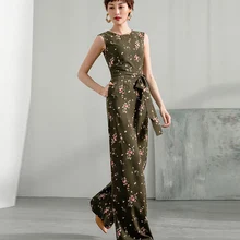 2020 Women Summer Jumpsuit Party High Street Chiffon Elegant Wide Leg Print Rompers with Sashes Plus Size 3XL 4XL 2020 Women Summer Jumpsuit Party High Street Chiffon Elegant Wide Leg Print Rompers with Sashes Plus Size 3XL 4XL
