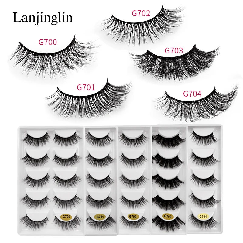 LANJINGLIN, 5 пар, 3d норковые ресницы для наращивания, натуральные накладные ресницы,, накладные ресницы, норковые пинцеты ручной работы