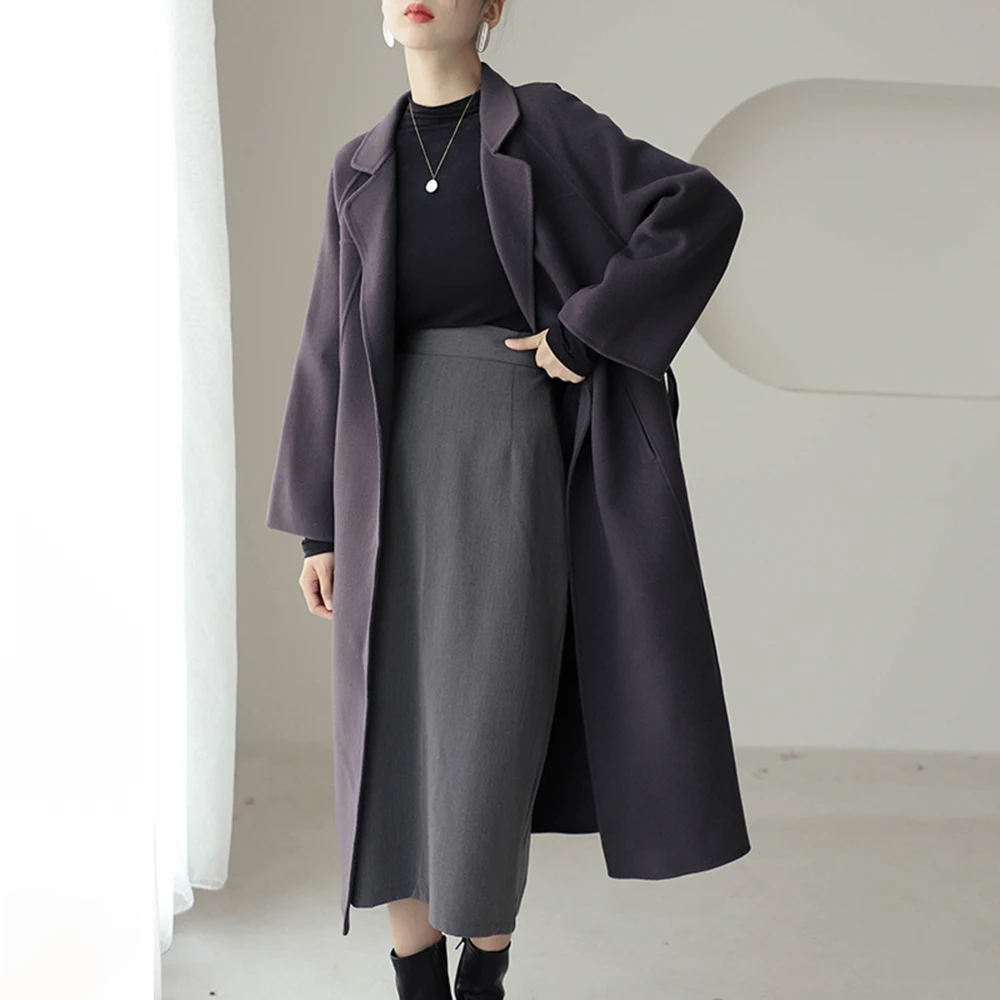 

Autumn Winter Women Elegant Long Wool Coat Solid Color Long Sleeve Jacket Outerwear Korean Ladies Loose Blends Overcoat