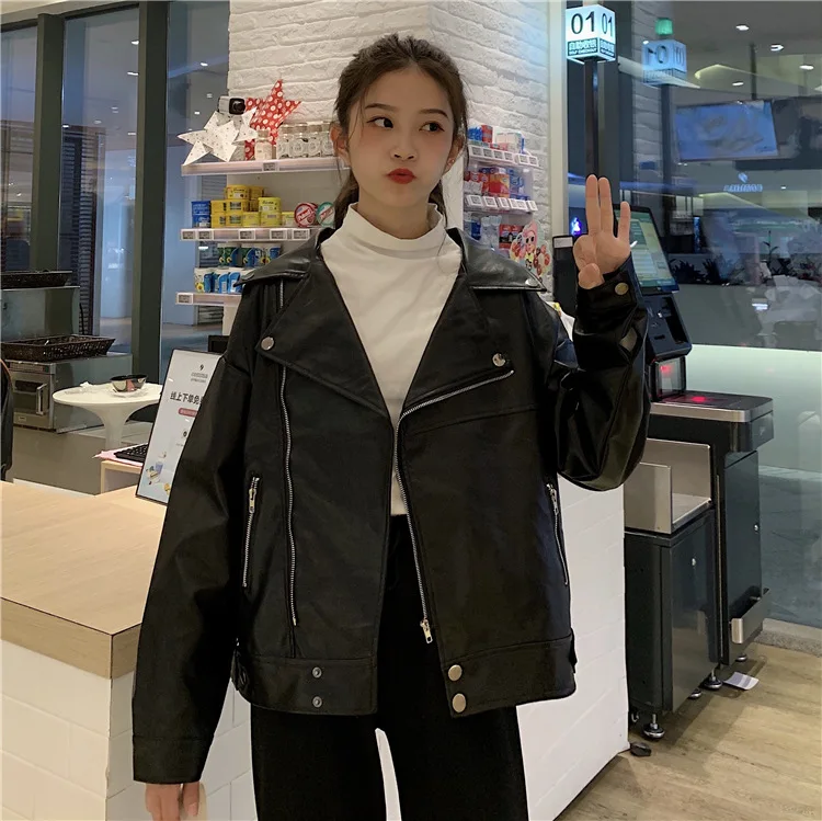 

Plus 5 Photo Shoot Net Price Students Locomotive Leather Coat Loose-Fit Versatile Slimming PU Leather Jacket