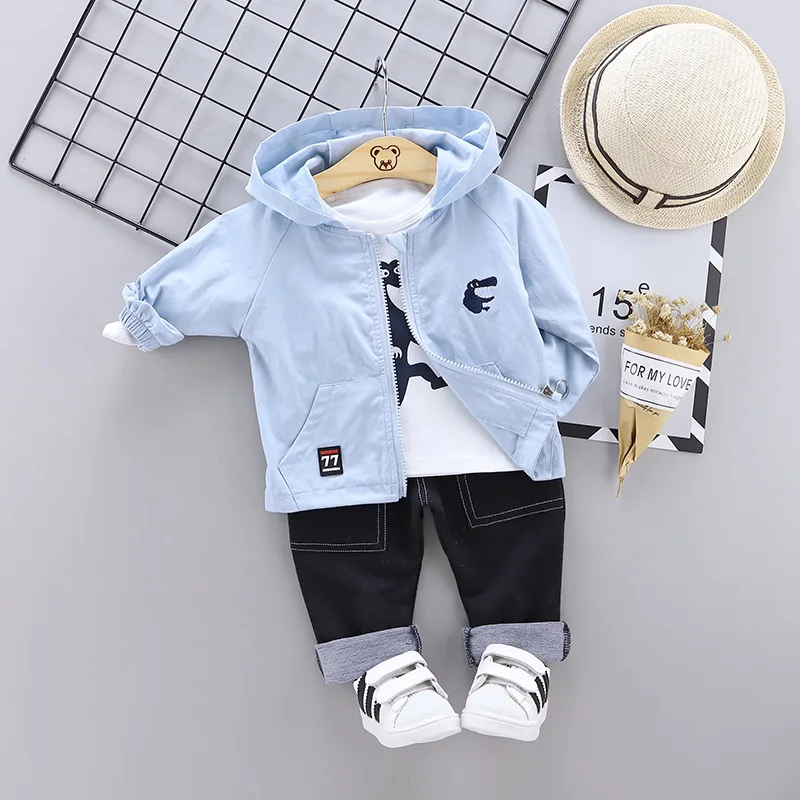 fashion baby boy clothing dinosaur pattern 3pieces set Jacket t-shirt pants fall clothes for toddler children hooded coat - Цвет: Blue No Shoes