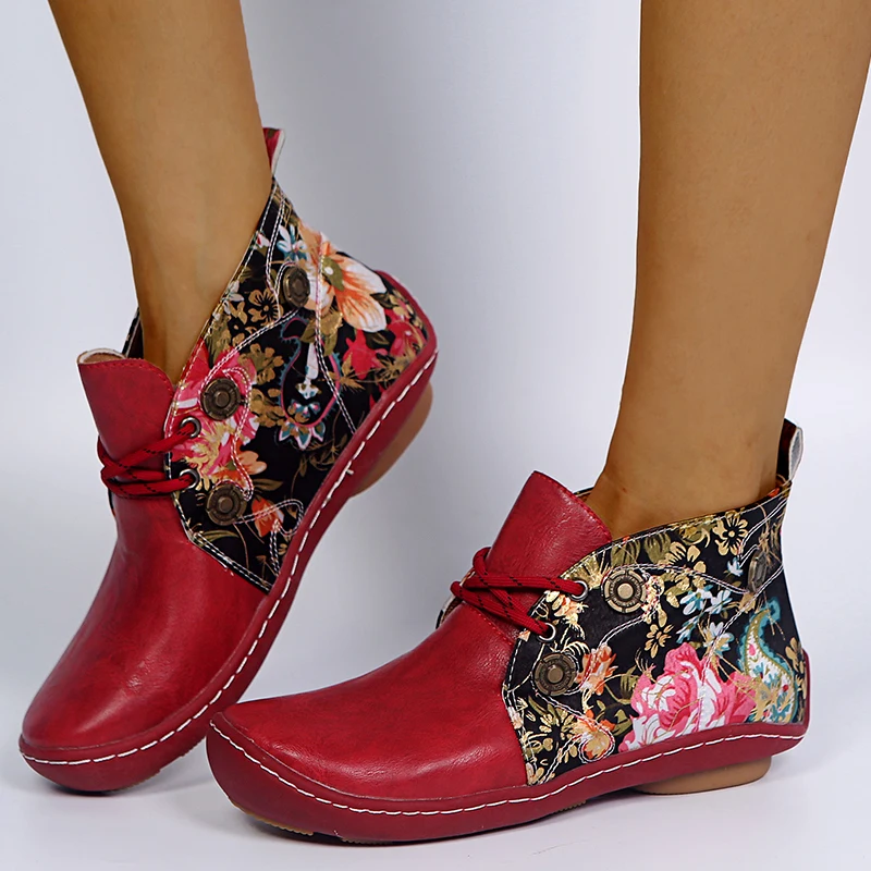 Women Ankle Boots Women Punk Leather Short Boots Vintage Waterproof Shoes Women 2020 Casual Stitching Shoes For Women Big Size