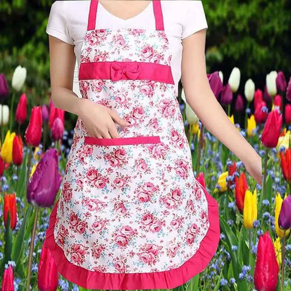 

Oil-proof Cooking Apron For Women Adjustable Kitchen Cooking Coffee Shop Flower Printed Bowknot Cleaning Aprons With Pocket