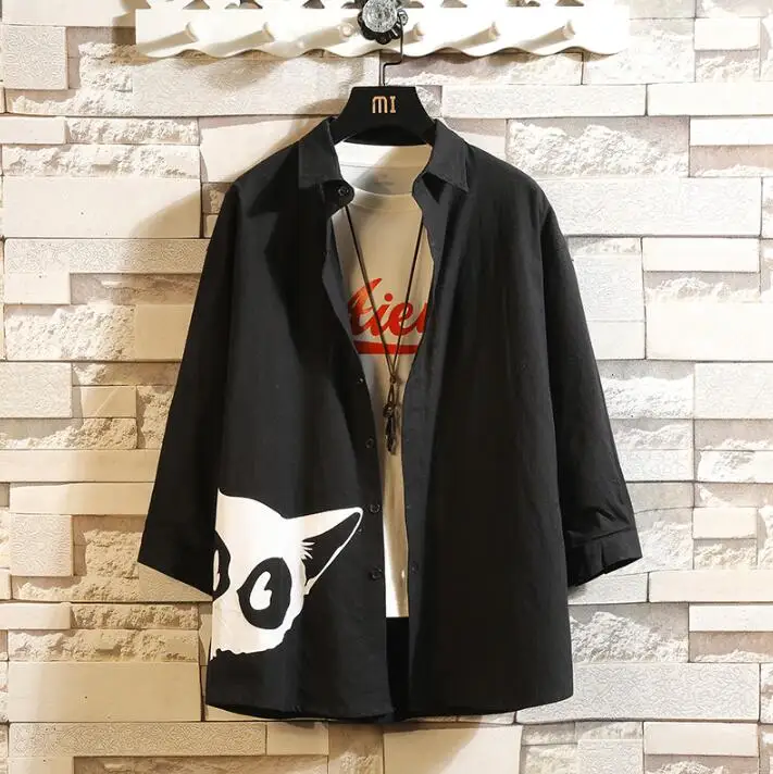 Long SLeeve Black KUANGNAN кошка печать белая рубашка мужская мода мужские рубашки с длинным рукавом мужские повседневные тонкие рубашки Fit 5XL уличная Осень новинка - Цвет: Long SLeeve Black