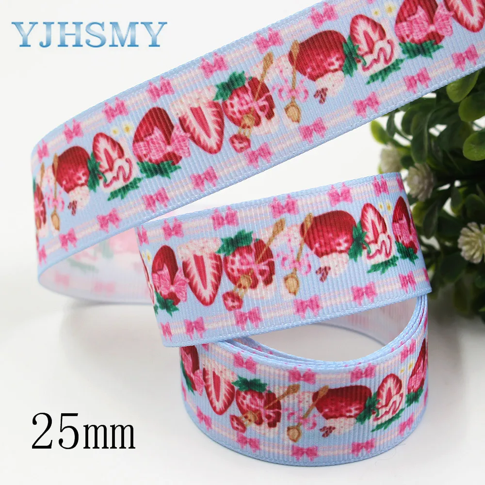 YJHSMY I-191211-2697, 25 мм 10 ярдов торт клубника мультфильм печатных корсажные ленты, лук кепки, одежда, украшения для вечеринки сделанные своими руками