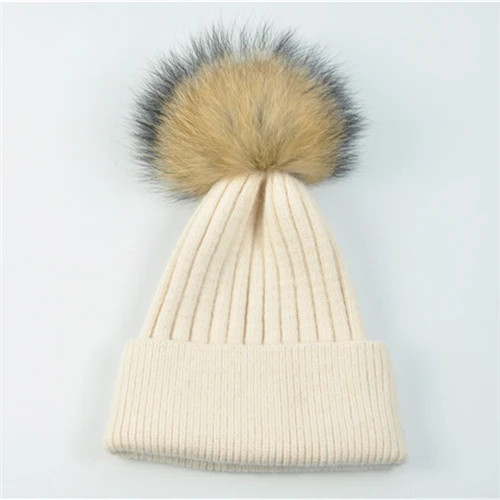 Beige natural fur Женская зимняя шапка, Женская Съемная шапка из натурального меха енота, шапка с помпоном, шерстяная вязаная шапка, шапка с помпоном из натурального меха для женщин, шапочки - Цвет: Beige natural fur