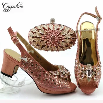 

Most fashion peach with crystal stones high heel sandal shoes and purse bag set for lady 18B4 heel height 7cm