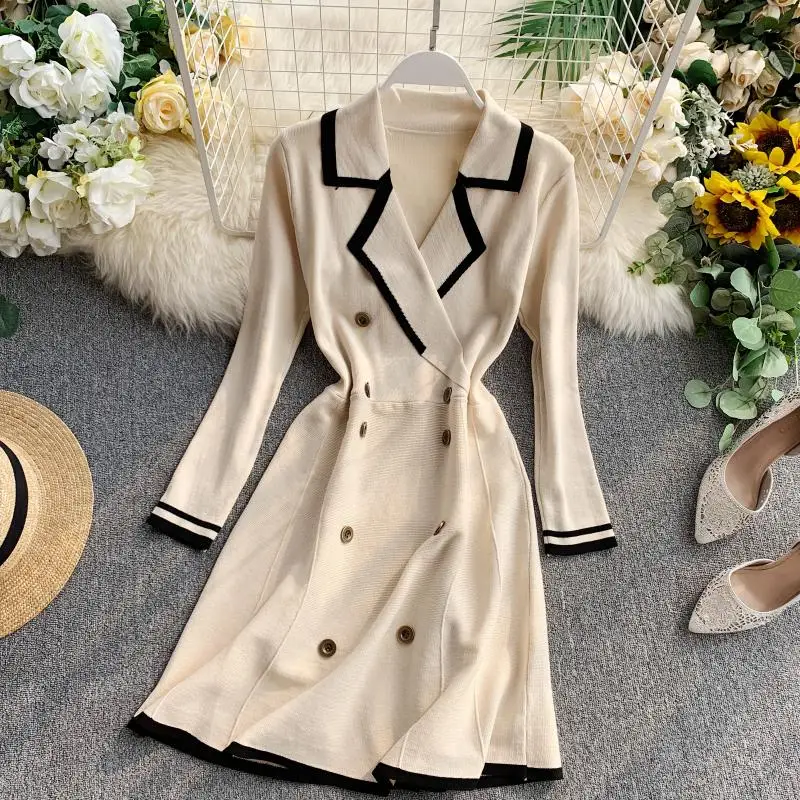 

England Style Retro Autumn Basic Knitted Dress Women 2019 New Contrast Temperament Double-breasted Slim Elegant Knit Dress