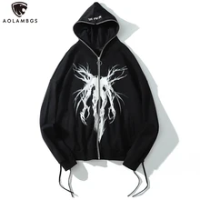 Aolamegs punk gráfico impressão com zíper fita com capuz hoodie masculino casual preto legal casaco oversize moda moletom streetwear outono