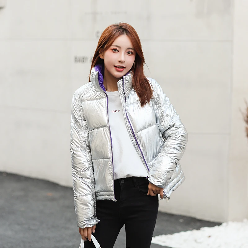 Nice Glossy Jacket Women Winter Fashion Warm Thick Solid Short Style Cotton Padded Parkas Coat Stand Collar
