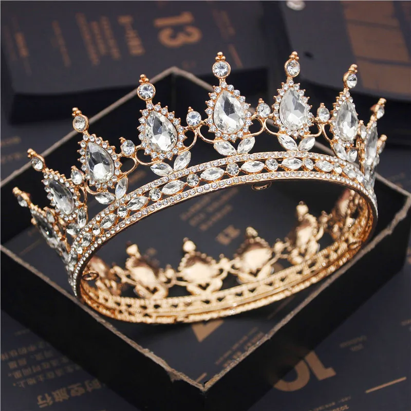 Tiaras e Coroas Jóias de Cabelo Ouro Amarelo Cristal Rainha Nupcial Pageant Diadem Cabeça Ornamento Casamento Noiva Acessórios Rei 8 High Quality Joias e Acessórios