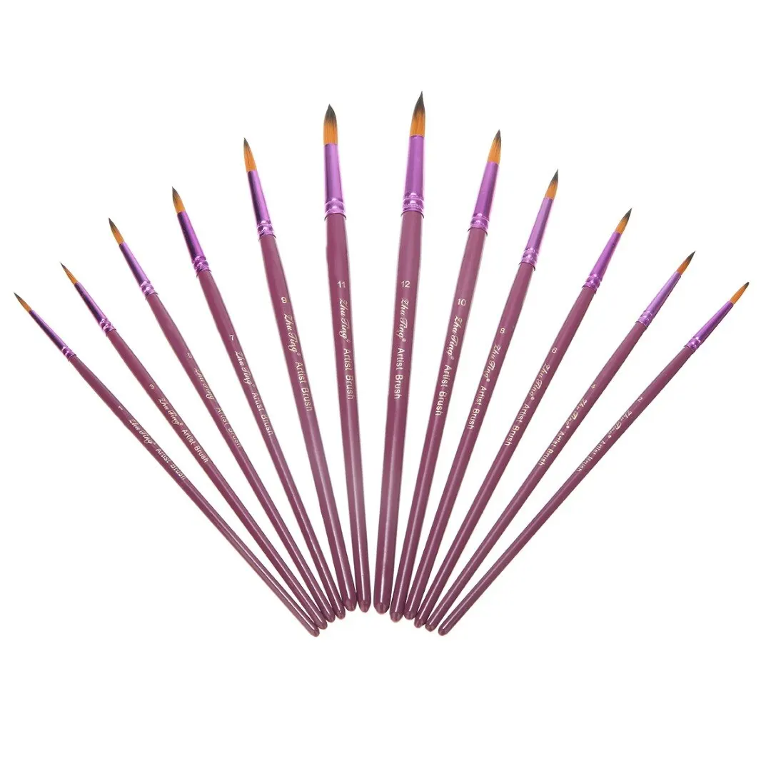 12Pcs Oil Painting Brushes Purple Painting Brush Pointed Flat/Tip Art Paintbrush Set Watercolor Nylon Hair Oil Drawing Pen