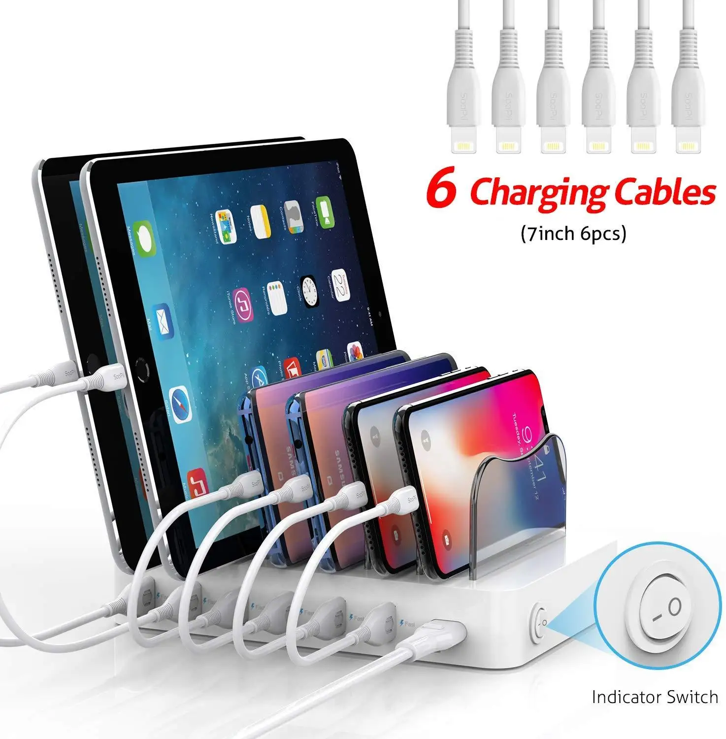 Soopii Quick Charge 3.0 60W/12A 6-Port USB Charging Station for Multiple DevicesDock Station with 6