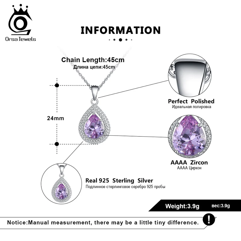 ORSA JEWELS ожерелье с подвеской в виде капли воды из стерлингового серебра для женщин, фиолетовые, прозрачные, AAAA, циркон, комбинированные, модные, вечерние, Подарочные ювелирные изделия SN197