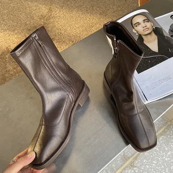 

Casual Women Flat Ankle Boots 2020 Winter Female Beige Brown Low Heels Square Toe Chelsea Boots High Quality Sock Boots Shoes