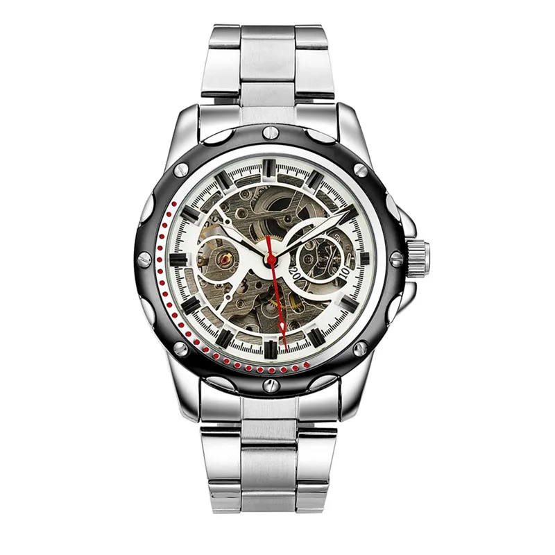 Gorben Silver/Gray Stainless Steel Betl Fashion Mechanical Mens Watches Automatic Mechanical Watch Male Skeleton Watches