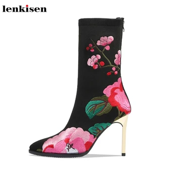 

Lenkisen 2019 Oriental gorgeous super high heels pointed toe knitting breathable stiletto print winter women mid-calf boots L95