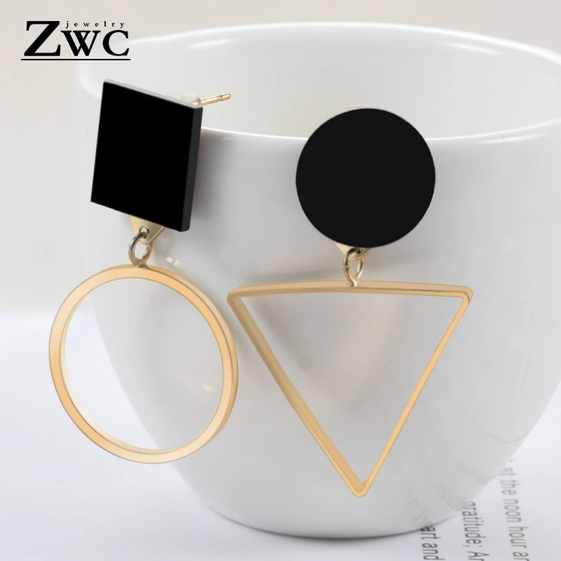 Gold ZWCX модные геометрические золотые серебряные асимметричные серьги-гвоздики для женщин, свадебные очаровательные треугольные круглые акриловые серьги, ювелирный подарок - Окраска металла: Gold