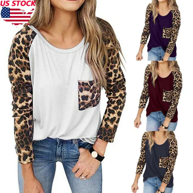 

Fashion Autumn Spring Clothes New Women Ladies Long Sleeve Shirt Tops Leopard Print Vintage Blouse Pocket Casual Tee