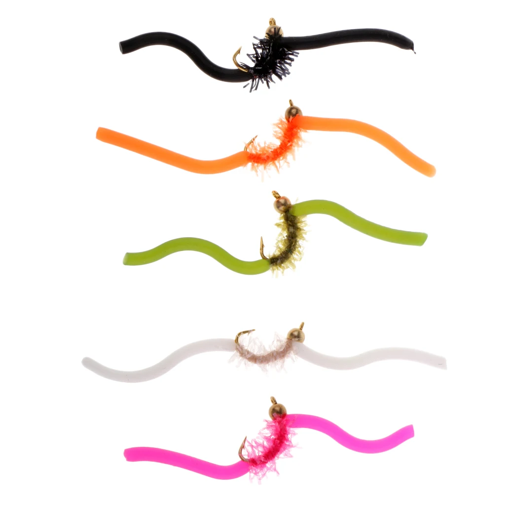 5pcs Beadhead Squirmy Wormy Wormie San Juan Worm Fly Fishing Flies 10 Colors