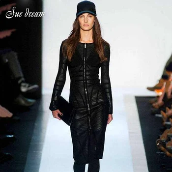 

HOT! 2016 Runway Black Oil Print Front Zipper Long Sleeve Bandage Dress sexy Bodycon Sheath Femme Pencil Tight Winter dress