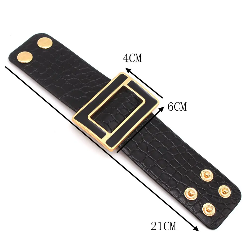 Fashion Brindle Wide Leather Bracelet for Women Black White Geometric Metal Bracelet Wrap Charm Jewelry Femme Gift