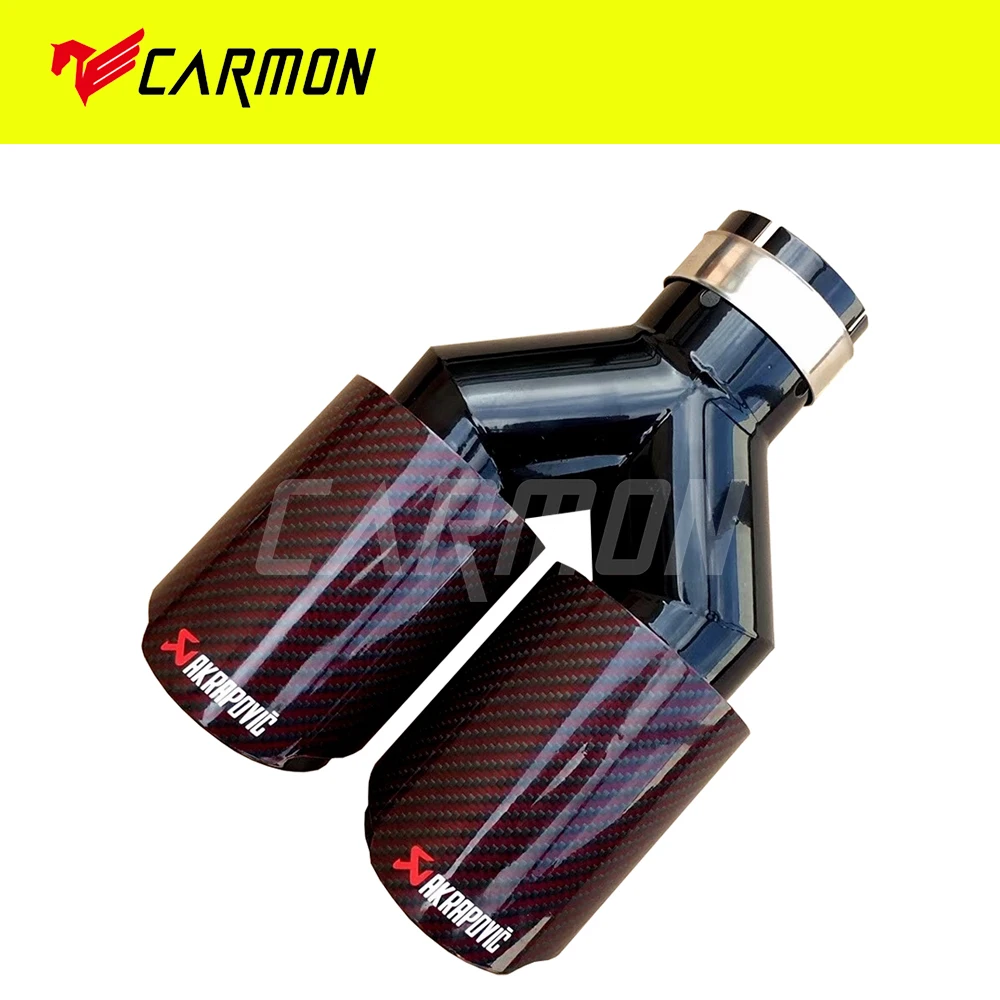 Dual Red Twill Carbon Fiber Akrapovic Universal Auto Exhaust Tip Black Stainless Steel Double End Pipe For Car Accessories