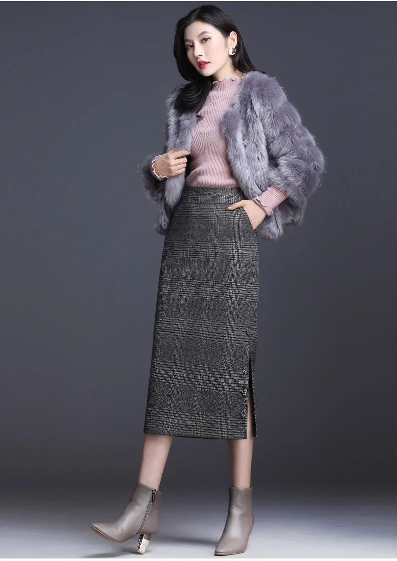 Новая Корейская трикотажная Женская юбка осень зима черная клетчатая юбка карандаш S-3XL размера плюс с высокой талией тонкая женская юбка с разрезом