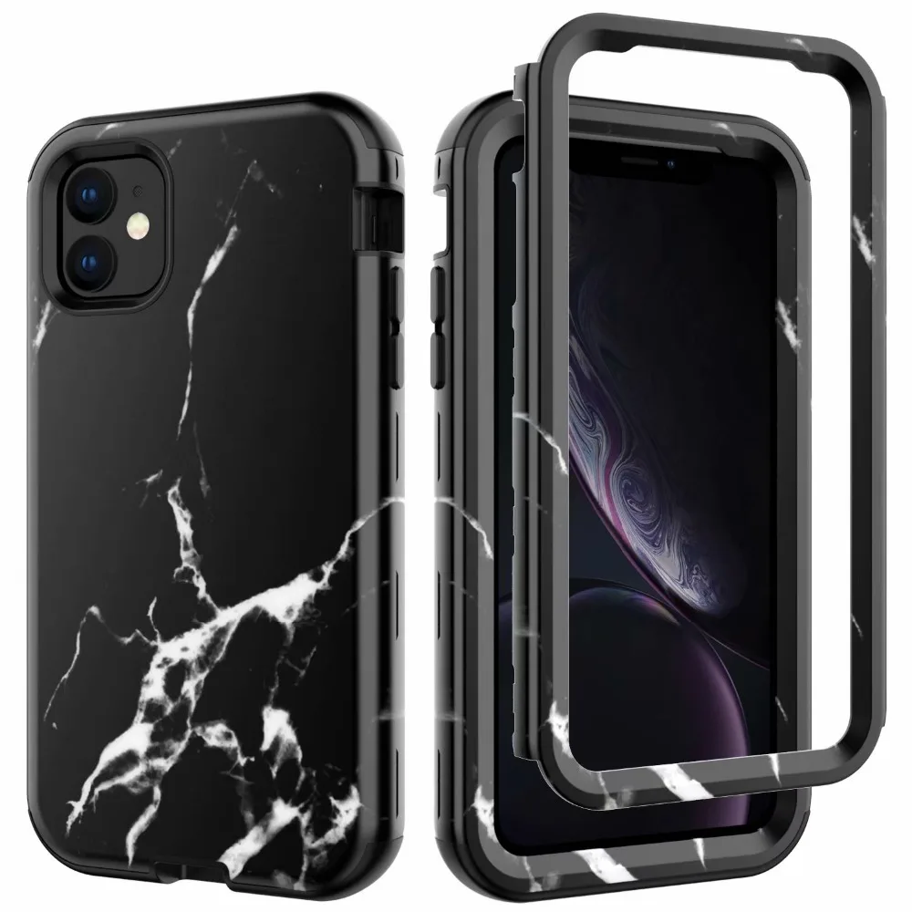 360 Full Hybrid Armor Phone Case For iPhone 11 Pro MAX 12 13 Coque Flower Pattern Cover Marble PC Silicon Bumper Shockproof Case iphone 11 Pro Max  lifeproof case