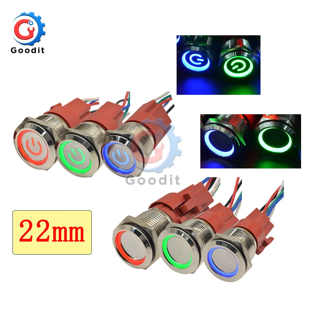 Ring/Power Metal Push Button Switch 22mm LED 250V 5A Locking Latching Waterproof for Car Auto Engine Device buttons | Обустройство