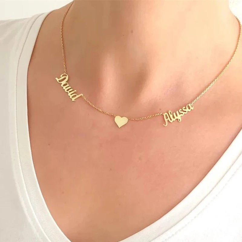 Custom Heart Two Names Necklaces For Women Stainless Steel Customized Necklace Pendant Personalized Neck Chain Jewelry Gift