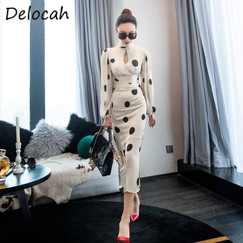 

Delocah Summer Fashion Runway Women Set Lantern Sleeve Dot Printed Slim Blouses + Bodycon Mermaid Midi Skirt 2 Two Pieces Suits