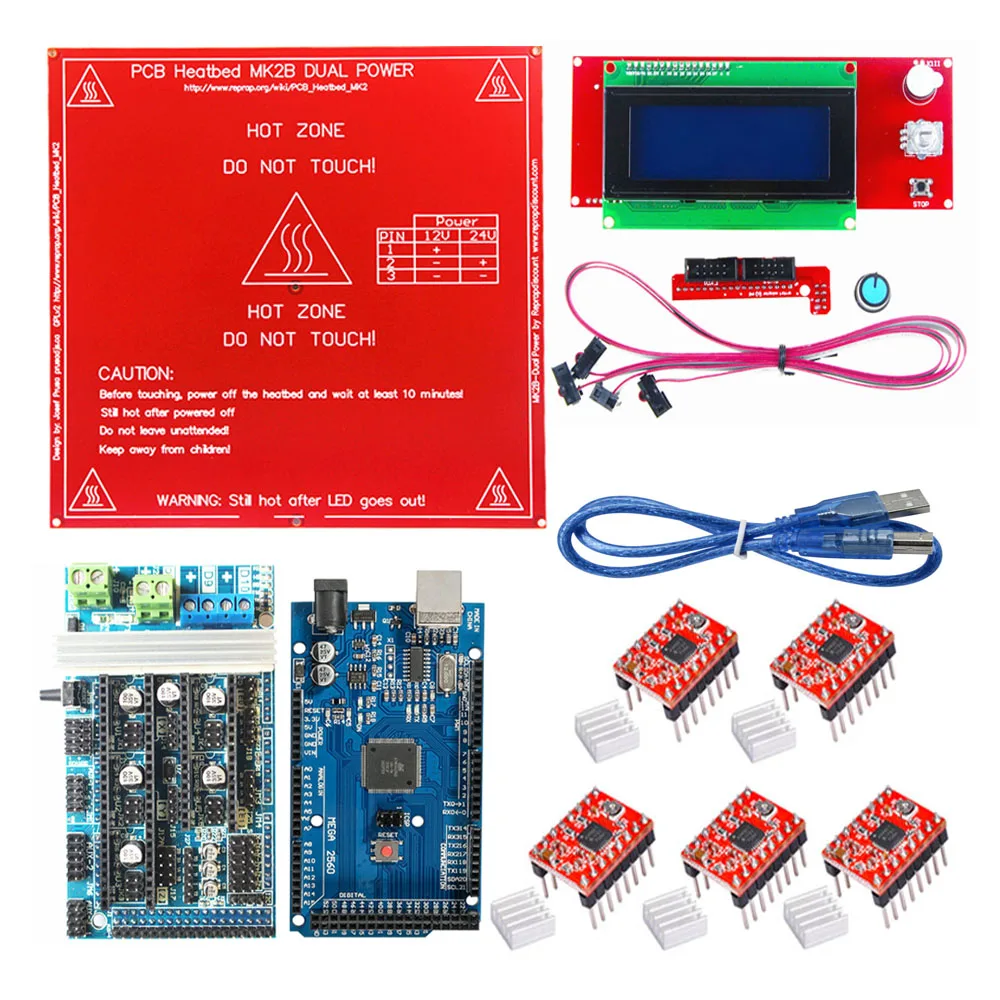 Ramps 1,4 комплект с Mega 2560 r3+ Ramps 1,4/1,6 плата контроллера+ Heatbed MK2B+ lcd 2004 lcd контроллер+ A4988/DRV8825 для ЧПУ