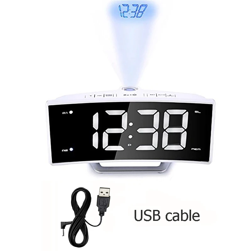 White with USB cable Настольный проекционный будильник Nixie с зеркальной проекцией времени, FM радио, будильник, светодиодный, цифровой, электронный, настольный проектор, часы - Цвет: White with USB cable