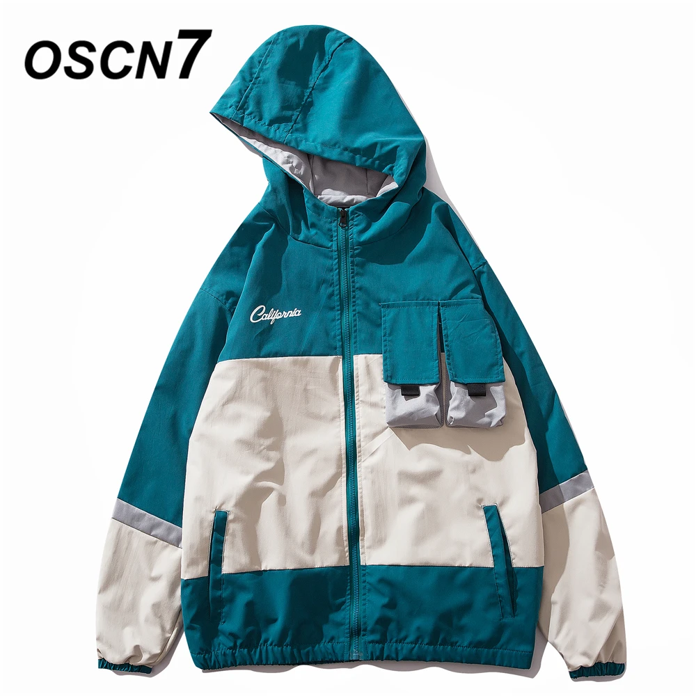 

OSCN7 Hip Hop Contrast Color Hooded Jackets Men 2019 New Streetwear Loose Casual Women Windbreaker Jackets Bomber Coat 9125