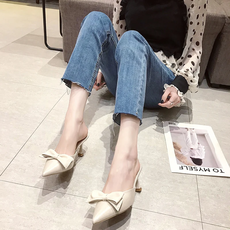 pointed toe mules with bow