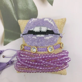 

BLUESTAR 4pcs One Set Simple Braided Charm Bangle Handmade Lips Heart Leopard Grain Crystal Bead MIYUKI Bracelets