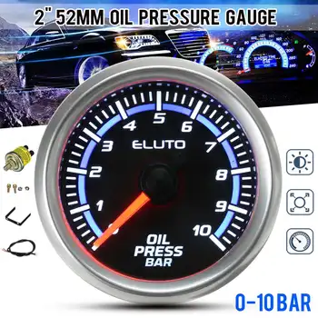 

12V Oil Pressure Gauge 0-10 Bar 0-140 PSI Blue LED Display Black Face 2" 52mm Universal Car Oil Press Meter w/ 1/8-27 NPT Sensor
