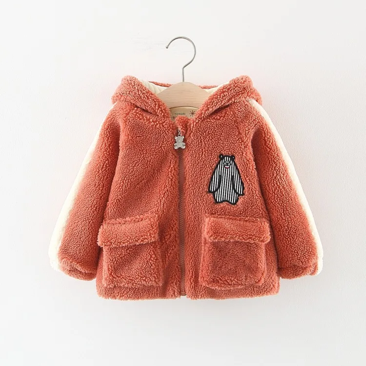 Orange Bear Г. Зимние плотные флисовые куртки в горошек с капюшоном для маленьких девочек детская теплая верхняя одежда зимние пальто на молнии casaco - Цвет: Orange Bear