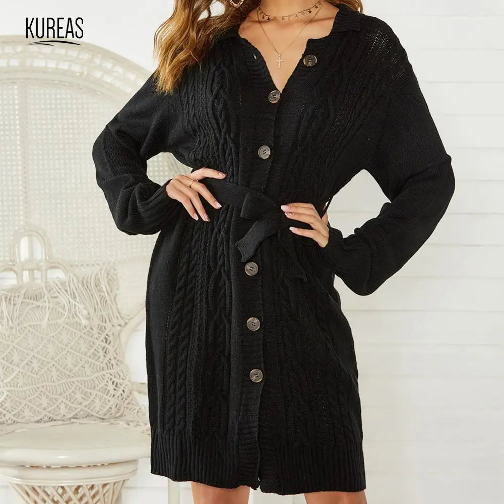 

Kureas Sweater Dress for Winter Short Women Twisted Knitted Dresses Midi Cardigan Single Breast Long Sleeve Black